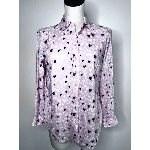 Talbots Pink Hearts Button Down Shirt Size Small Petite - Picture 1 of 13